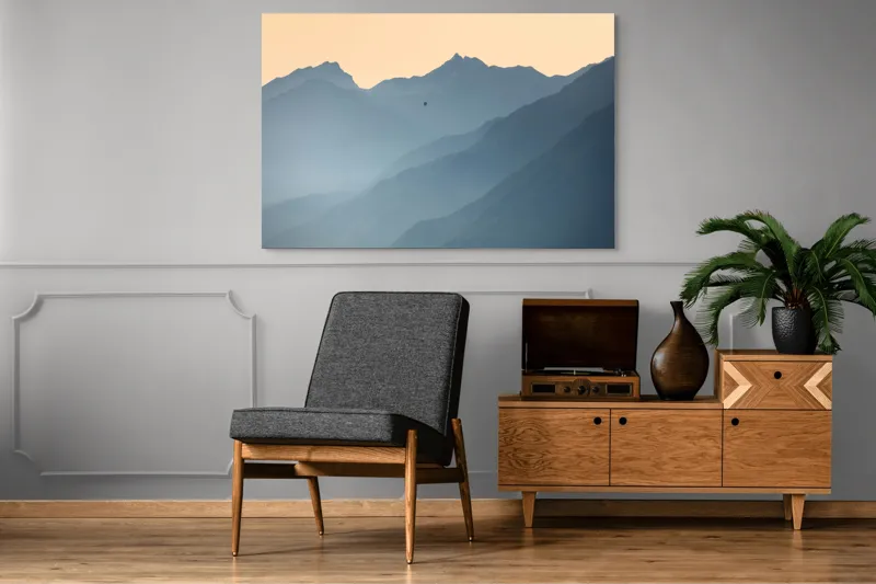 Tablou Canvas, "Plimbare cu balonul printre munți", Munte, Ceață, Balon, Răsărit, Liniște, Vârfuri, Siluetă, Cer, Pitoresc, Albastru, 150 x 100 cm – poza 8