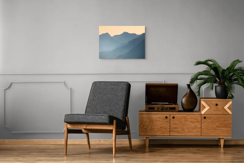 Tablou Canvas, "Plimbare cu balonul printre munți", Munte, Ceață, Balon, Răsărit, Liniște, Vârfuri, Siluetă, Cer, Pitoresc, Albastru, 70 x 50 cm – poza 4