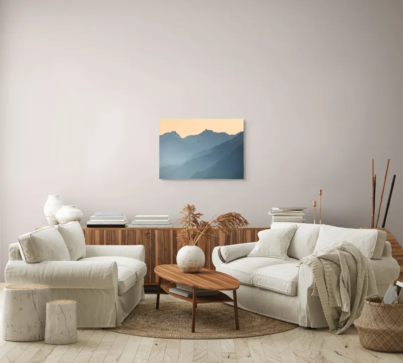 Tablou Canvas, "Plimbare cu balonul printre munți", Munte, Ceață, Balon, Răsărit, Liniște, Vârfuri, Siluetă, Cer, Pitoresc, Albastru, 70 x 50 cm – poza 6