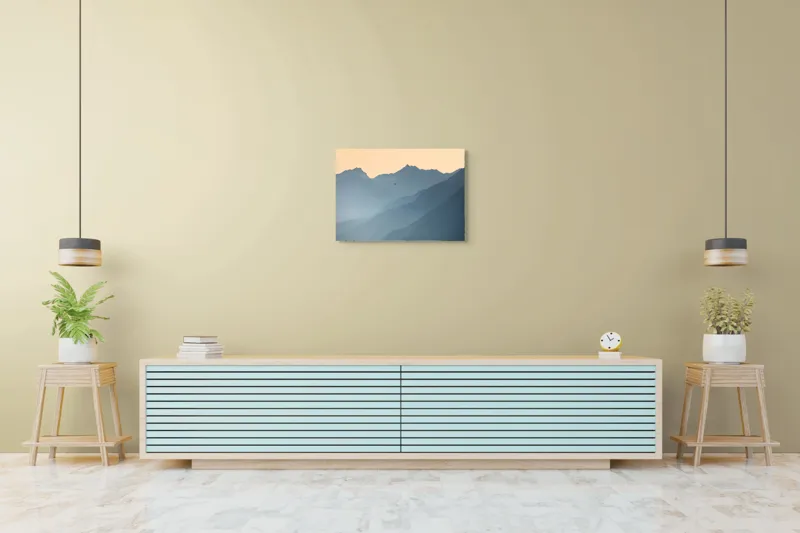 Tablou Canvas, "Plimbare cu balonul printre munți", Munte, Ceață, Balon, Răsărit, Liniște, Vârfuri, Siluetă, Cer, Pitoresc, Albastru, 70 x 50 cm – poza 7