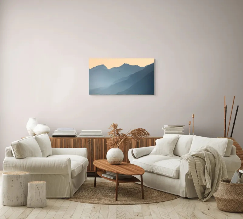 Tablou Canvas, "Plimbare cu balonul printre munți", Munte, Ceață, Balon, Răsărit, Liniște, Vârfuri, Siluetă, Cer, Pitoresc, Albastru, 90 x 50 cm – poza 4