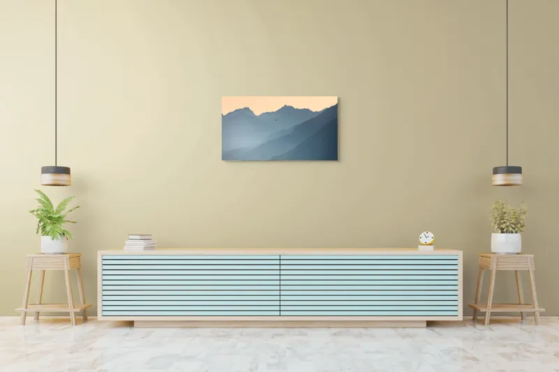 Tablou Canvas, "Plimbare cu balonul printre munți", Munte, Ceață, Balon, Răsărit, Liniște, Vârfuri, Siluetă, Cer, Pitoresc, Albastru, 90 x 50 cm – poza 5