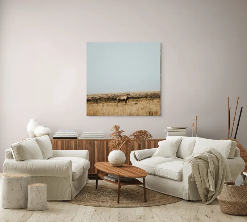 Tablou Canvas, "Cerbul singuratic în savana pustie", Cer, Cerb, Câmpie, Solitudine, Natură, Serenitate, Peisaj, Calm, Izolare, Pajiște, 100 x 100 cm – poza 3