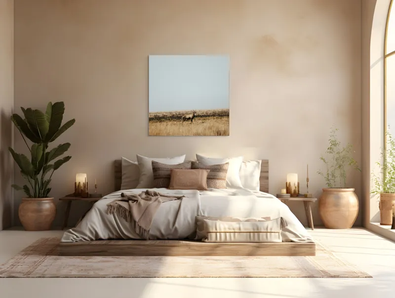 Tablou Canvas, "Cerbul singuratic în savana pustie", Cer, Cerb, Câmpie, Solitudine, Natură, Serenitate, Peisaj, Calm, Izolare, Pajiște, 100 x 100 cm – poza 4