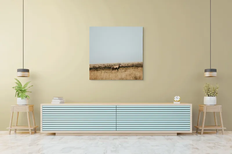 Tablou Canvas, "Cerbul singuratic în savana pustie", Cer, Cerb, Câmpie, Solitudine, Natură, Serenitate, Peisaj, Calm, Izolare, Pajiște, 100 x 100 cm – poza 5