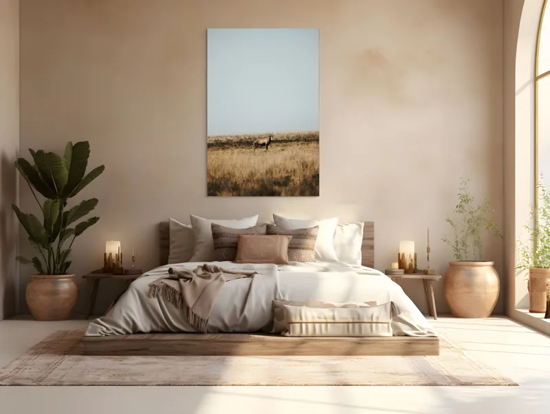 Tablou Canvas, "Cerbul singuratic în savana pustie", Cer, Cerb, Câmpie, Solitudine, Natură, Serenitate, Peisaj, Calm, Izolare, Pajiște, 100 x 150 cm – poza 3