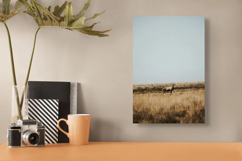 Tablou Canvas, "Cerbul singuratic în savana pustie", Cer, Cerb, Câmpie, Solitudine, Natură, Serenitate, Peisaj, Calm, Izolare, Pajiște, 26 x 39 cm – poza 3