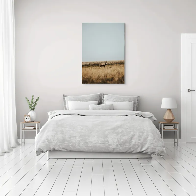 Tablou Canvas, "Cerbul singuratic în savana pustie", Cer, Cerb, Câmpie, Solitudine, Natură, Serenitate, Peisaj, Calm, Izolare, Pajiște, 70 x 100 cm – poza 3