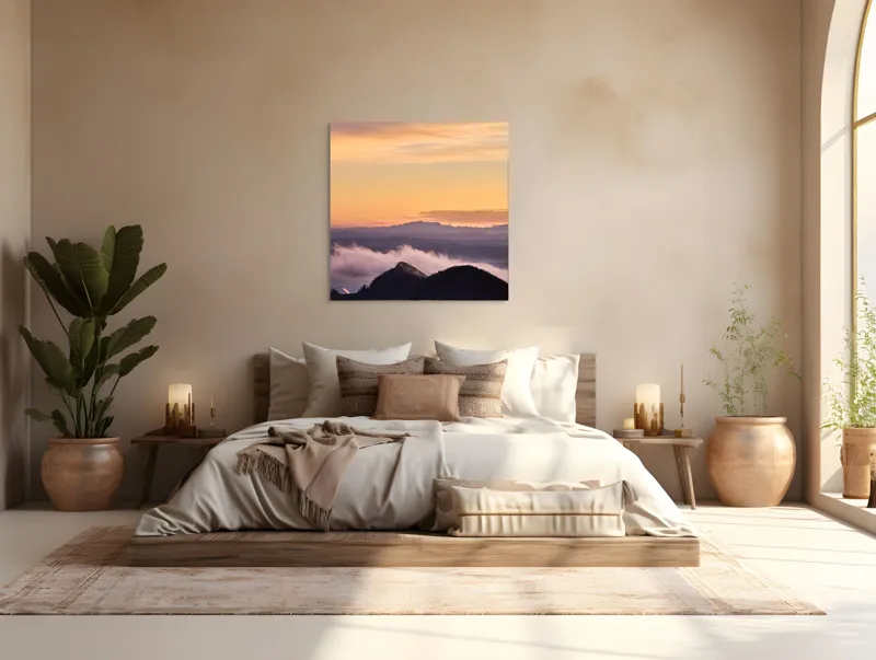 Tablou Canvas, "Cer senin la asfințit peste munți", Cer, Nori, Munți, Apus, Lumină, Peisaj, Siluetă, Calm, Natură, Vedere., 100 x 100 cm – poza 4