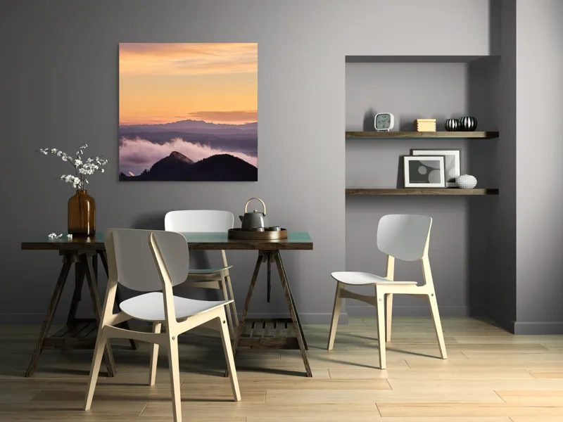 Tablou Canvas, "Cer senin la asfințit peste munți", Cer, Nori, Munți, Apus, Lumină, Peisaj, Siluetă, Calm, Natură, Vedere., 100 x 100 cm – poza 6