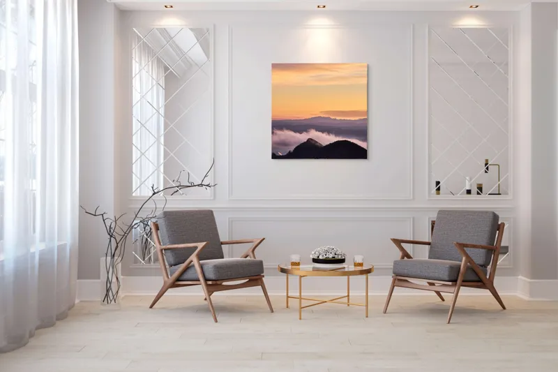 Tablou Canvas, "Cer senin la asfințit peste munți", Cer, Nori, Munți, Apus, Lumină, Peisaj, Siluetă, Calm, Natură, Vedere., 100 x 100 cm – poza 7