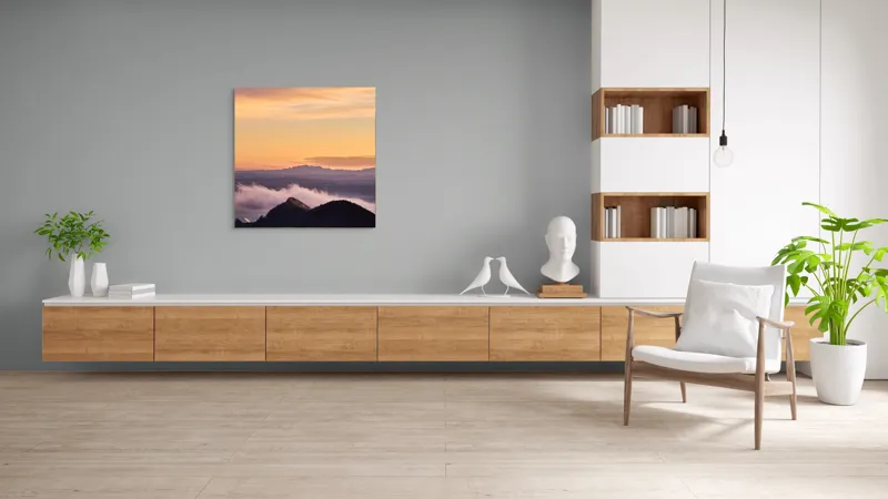 Tablou Canvas, "Cer senin la asfințit peste munți", Cer, Nori, Munți, Apus, Lumină, Peisaj, Siluetă, Calm, Natură, Vedere., 100 x 100 cm – poza 8