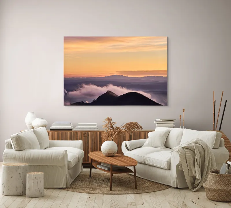 Tablou Canvas, "Cer senin la asfințit peste munți", Cer, Nori, Munți, Apus, Lumină, Peisaj, Siluetă, Calm, Natură, Vedere., 150 x 100 cm – poza 3