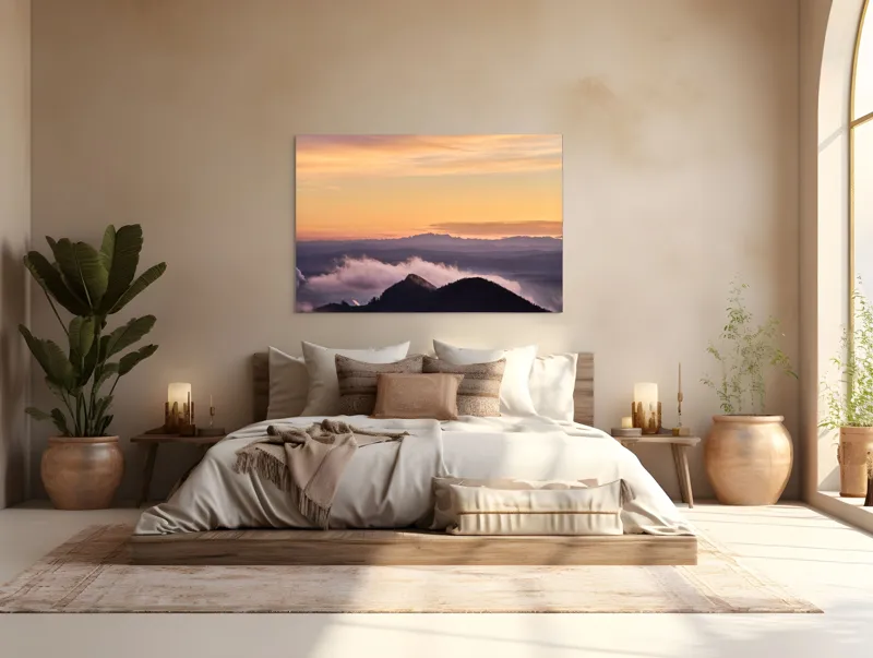 Tablou Canvas, "Cer senin la asfințit peste munți", Cer, Nori, Munți, Apus, Lumină, Peisaj, Siluetă, Calm, Natură, Vedere., 150 x 100 cm – poza 4