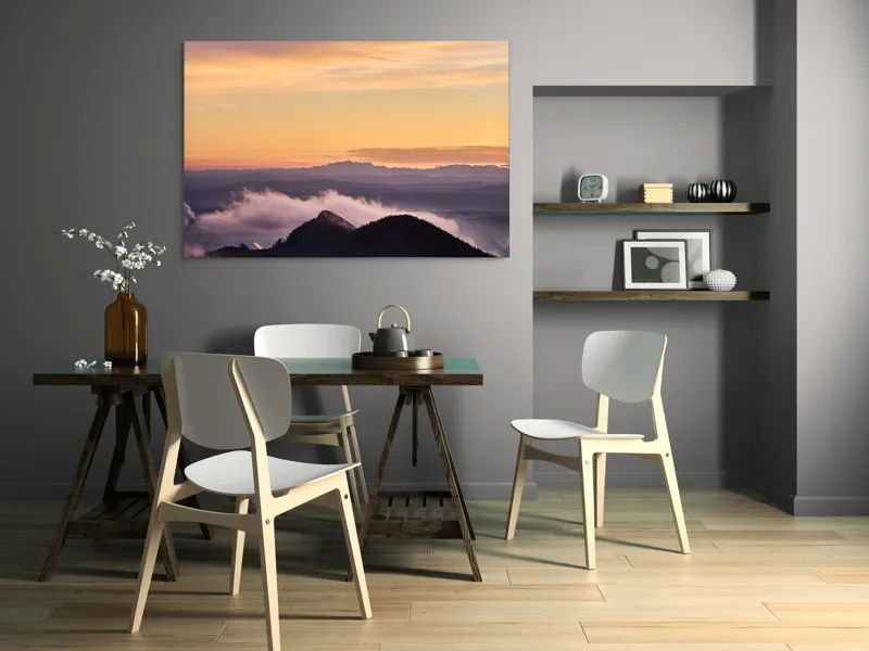Tablou Canvas, "Cer senin la asfințit peste munți", Cer, Nori, Munți, Apus, Lumină, Peisaj, Siluetă, Calm, Natură, Vedere., 150 x 100 cm – poza 5