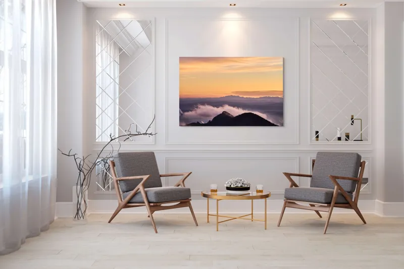 Tablou Canvas, "Cer senin la asfințit peste munți", Cer, Nori, Munți, Apus, Lumină, Peisaj, Siluetă, Calm, Natură, Vedere., 150 x 100 cm – poza 7