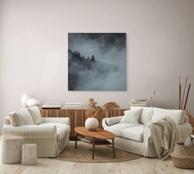 Tablou Canvas, "Pădurea cufundată în ceață albăstruie", Ceață, Pădure, Mister, Tăcere, Umbre, Întuneric, Liniște, Vârfuri, Melancolie, Natură, 100 x 100 cm – poza 3