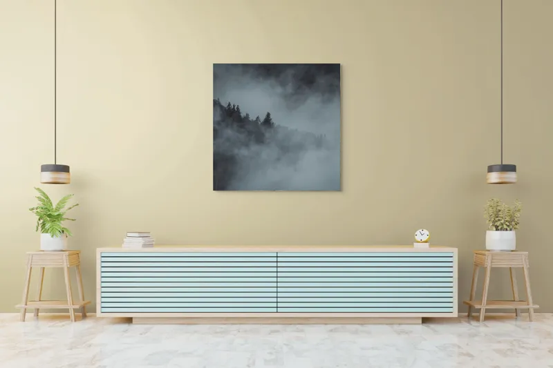 Tablou Canvas, "Pădurea cufundată în ceață albăstruie", Ceață, Pădure, Mister, Tăcere, Umbre, Întuneric, Liniște, Vârfuri, Melancolie, Natură, 100 x 100 cm – poza 5
