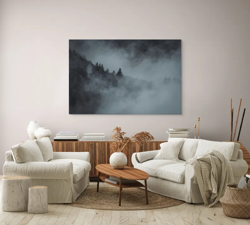 Tablou Canvas, "Pădurea cufundată în ceață albăstruie", Ceață, Pădure, Mister, Tăcere, Umbre, Întuneric, Liniște, Vârfuri, Melancolie, Natură, 150 x 100 cm – poza 3