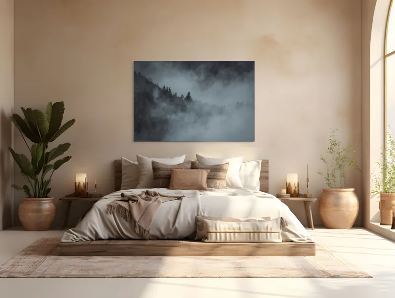 Tablou Canvas, "Pădurea cufundată în ceață albăstruie", Ceață, Pădure, Mister, Tăcere, Umbre, Întuneric, Liniște, Vârfuri, Melancolie, Natură, 150 x 100 cm – poza 4