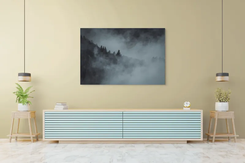 Tablou Canvas, "Pădurea cufundată în ceață albăstruie", Ceață, Pădure, Mister, Tăcere, Umbre, Întuneric, Liniște, Vârfuri, Melancolie, Natură, 150 x 100 cm – poza 6