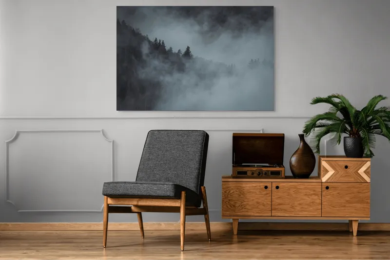 Tablou Canvas, "Pădurea cufundată în ceață albăstruie", Ceață, Pădure, Mister, Tăcere, Umbre, Întuneric, Liniște, Vârfuri, Melancolie, Natură, 150 x 100 cm – poza 8