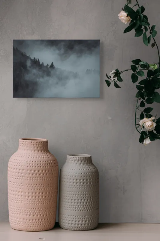 Tablou Canvas, "Pădurea cufundată în ceață albăstruie", Ceață, Pădure, Mister, Tăcere, Umbre, Întuneric, Liniște, Vârfuri, Melancolie, Natură, 39 x 26 cm – poza 4