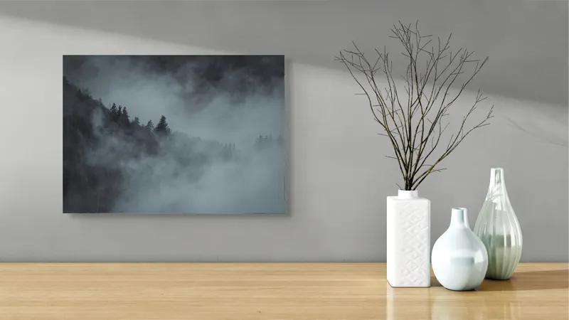 Tablou Canvas, "Pădurea cufundată în ceață albăstruie", Ceață, Pădure, Mister, Tăcere, Umbre, Întuneric, Liniște, Vârfuri, Melancolie, Natură, 54 x 39 cm – poza 3