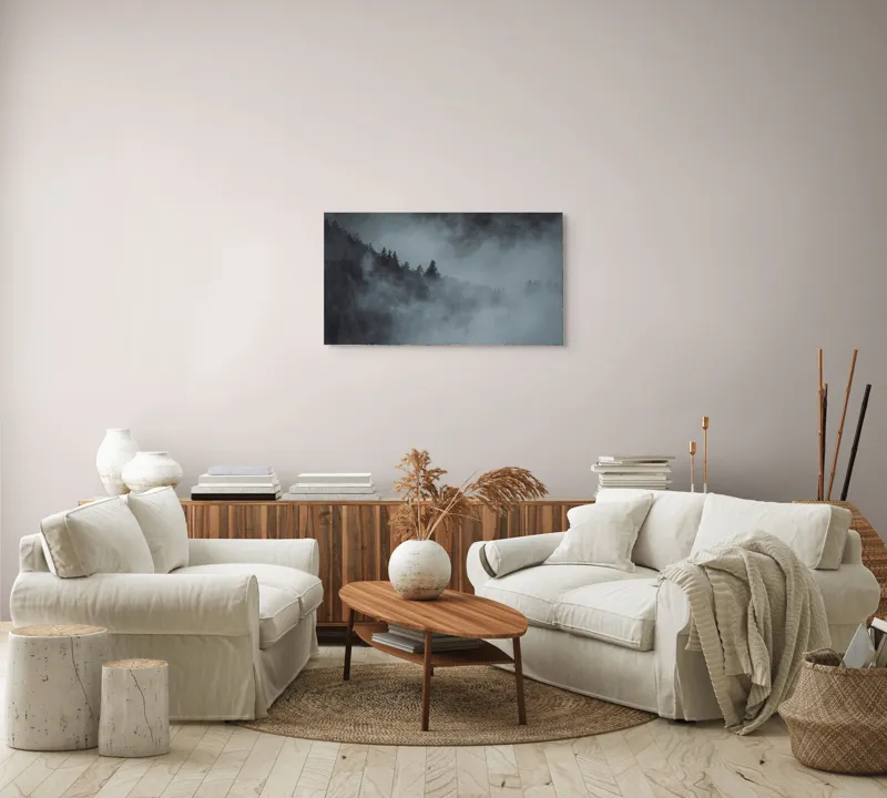 Tablou Canvas, "Pădurea cufundată în ceață albăstruie", Ceață, Pădure, Mister, Tăcere, Umbre, Întuneric, Liniște, Vârfuri, Melancolie, Natură, 90 x 50 cm – poza 4