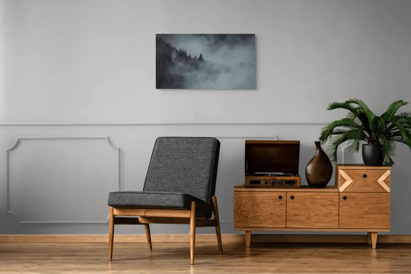 Tablou Canvas, "Pădurea cufundată în ceață albăstruie", Ceață, Pădure, Mister, Tăcere, Umbre, Întuneric, Liniște, Vârfuri, Melancolie, Natură, 90 x 50 cm – poza 6