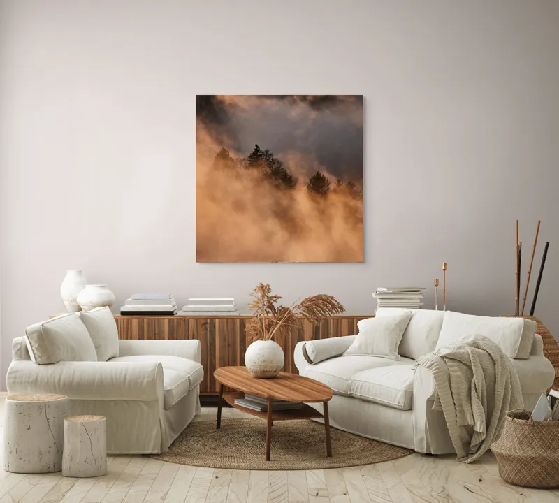 Tablou Canvas, "Misterul pădurii încremenite în ceață", Nor, Aur, Pădure, Mister, Lumină, Umbre, Vârfuri, Ceață, Apus, Natură, 100 x 100 cm – poza 3