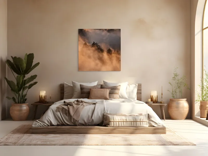 Tablou Canvas, "Misterul pădurii încremenite în ceață", Nor, Aur, Pădure, Mister, Lumină, Umbre, Vârfuri, Ceață, Apus, Natură, 100 x 100 cm – poza 4