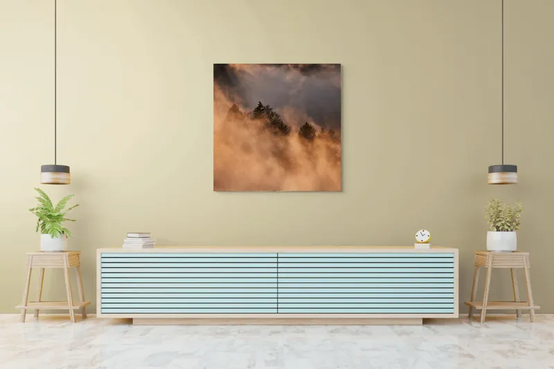 Tablou Canvas, "Misterul pădurii încremenite în ceață", Nor, Aur, Pădure, Mister, Lumină, Umbre, Vârfuri, Ceață, Apus, Natură, 100 x 100 cm – poza 5