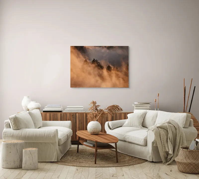 Tablou Canvas, "Misterul pădurii încremenite în ceață", Nor, Aur, Pădure, Mister, Lumină, Umbre, Vârfuri, Ceață, Apus, Natură, 100 x 70 cm – poza 3