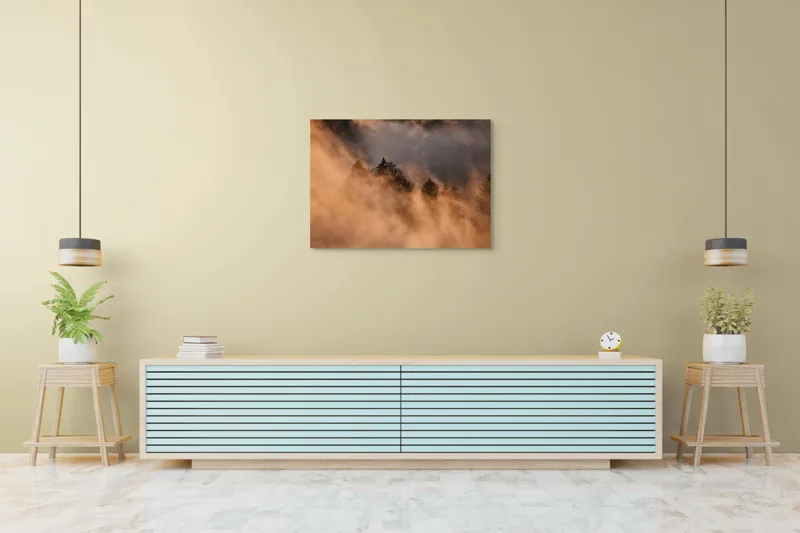 Tablou Canvas, "Misterul pădurii încremenite în ceață", Nor, Aur, Pădure, Mister, Lumină, Umbre, Vârfuri, Ceață, Apus, Natură, 100 x 70 cm – poza 4