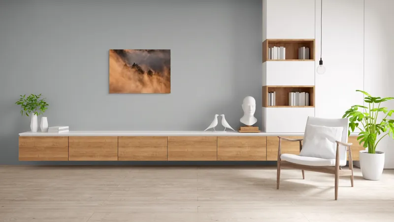 Tablou Canvas, "Misterul pădurii încremenite în ceață", Nor, Aur, Pădure, Mister, Lumină, Umbre, Vârfuri, Ceață, Apus, Natură, 100 x 70 cm – poza 6