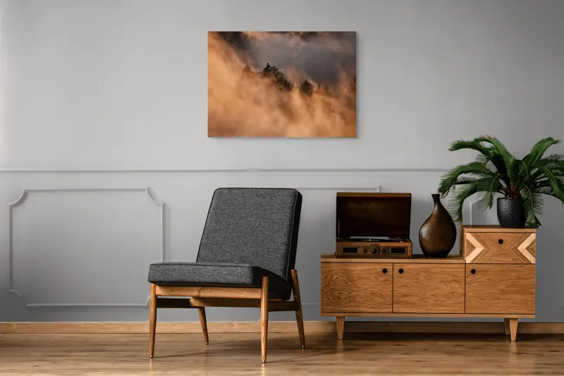 Tablou Canvas, "Misterul pădurii încremenite în ceață", Nor, Aur, Pădure, Mister, Lumină, Umbre, Vârfuri, Ceață, Apus, Natură, 100 x 70 cm – poza 8