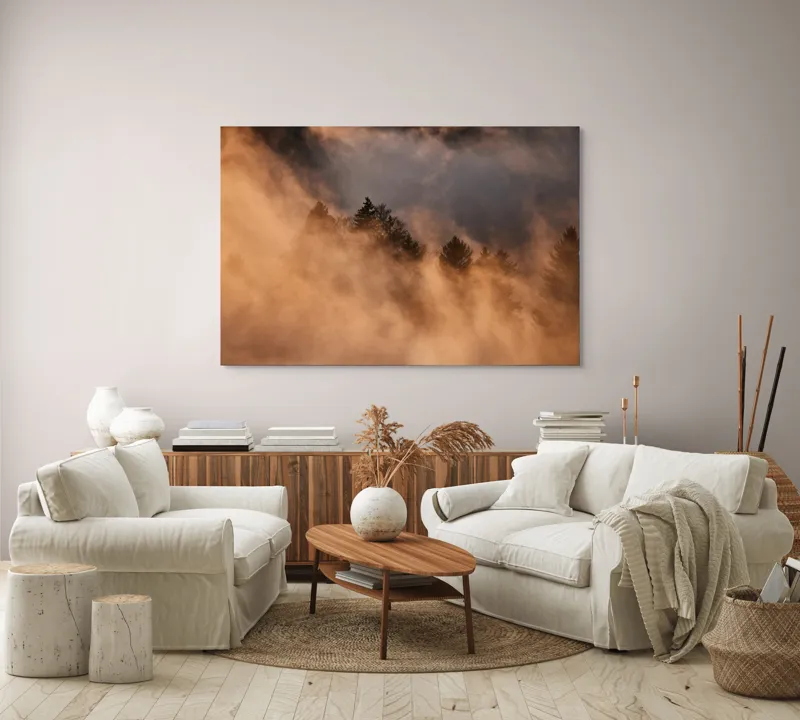 Tablou Canvas, "Misterul pădurii încremenite în ceață", Nor, Aur, Pădure, Mister, Lumină, Umbre, Vârfuri, Ceață, Apus, Natură, 150 x 100 cm – poza 3