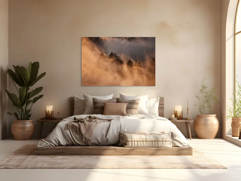 Tablou Canvas, "Misterul pădurii încremenite în ceață", Nor, Aur, Pădure, Mister, Lumină, Umbre, Vârfuri, Ceață, Apus, Natură, 150 x 100 cm – poza 4