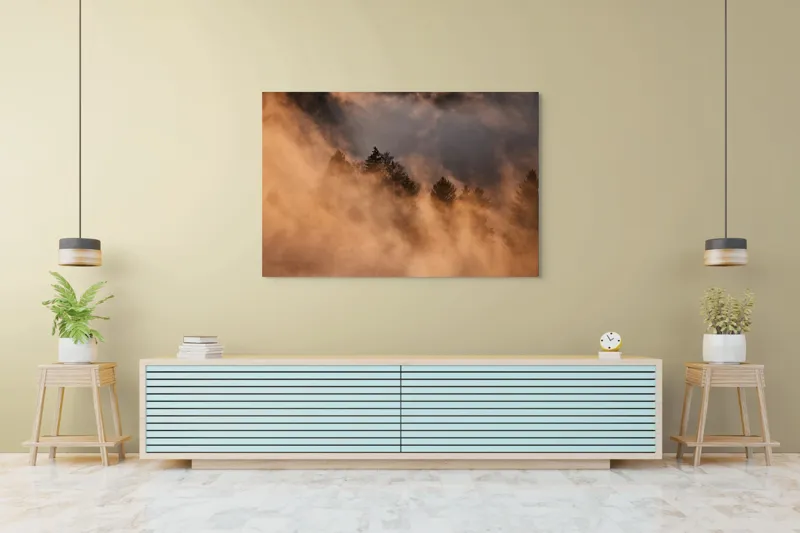Tablou Canvas, "Misterul pădurii încremenite în ceață", Nor, Aur, Pădure, Mister, Lumină, Umbre, Vârfuri, Ceață, Apus, Natură, 150 x 100 cm – poza 6