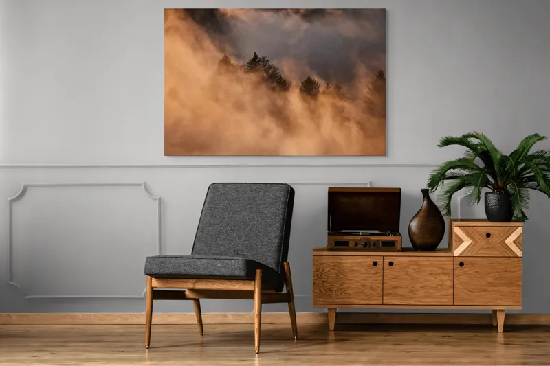 Tablou Canvas, "Misterul pădurii încremenite în ceață", Nor, Aur, Pădure, Mister, Lumină, Umbre, Vârfuri, Ceață, Apus, Natură, 150 x 100 cm – poza 8