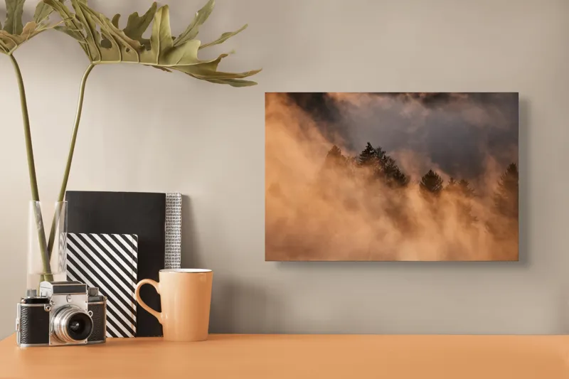 Tablou Canvas, "Misterul pădurii încremenite în ceață", Nor, Aur, Pădure, Mister, Lumină, Umbre, Vârfuri, Ceață, Apus, Natură, 39 x 26 cm – poza 3