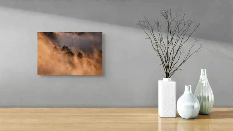 Tablou Canvas, "Misterul pădurii încremenite în ceață", Nor, Aur, Pădure, Mister, Lumină, Umbre, Vârfuri, Ceață, Apus, Natură, 39 x 26 cm – poza 8