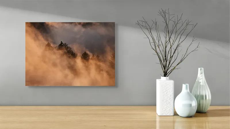 Tablou Canvas, "Misterul pădurii încremenite în ceață", Nor, Aur, Pădure, Mister, Lumină, Umbre, Vârfuri, Ceață, Apus, Natură, 54 x 39 cm – poza 3