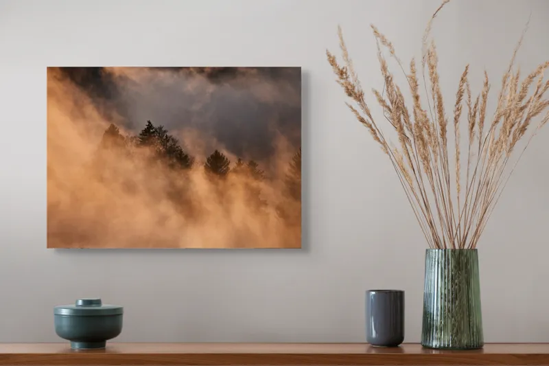 Tablou Canvas, "Misterul pădurii încremenite în ceață", Nor, Aur, Pădure, Mister, Lumină, Umbre, Vârfuri, Ceață, Apus, Natură, 54 x 39 cm – poza 4