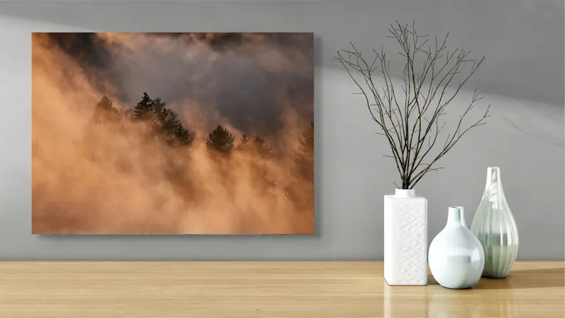 Tablou Canvas, "Misterul pădurii încremenite în ceață", Nor, Aur, Pădure, Mister, Lumină, Umbre, Vârfuri, Ceață, Apus, Natură, 70 x 50 cm – poza 3