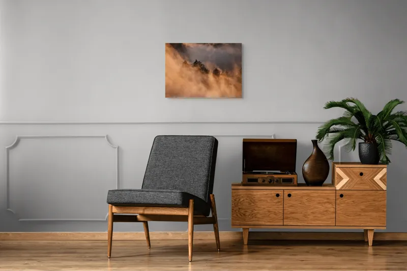 Tablou Canvas, "Misterul pădurii încremenite în ceață", Nor, Aur, Pădure, Mister, Lumină, Umbre, Vârfuri, Ceață, Apus, Natură, 70 x 50 cm – poza 4