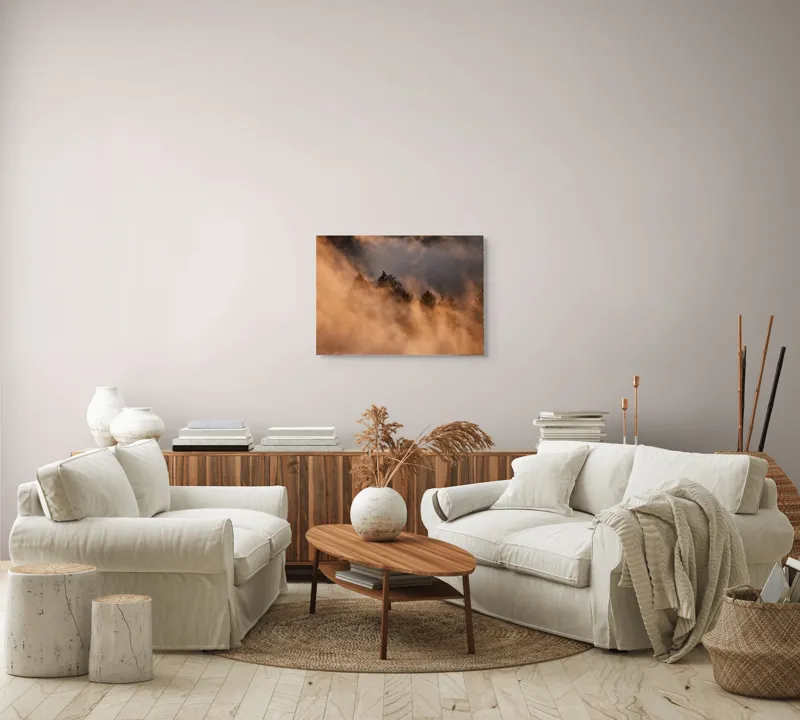 Tablou Canvas, "Misterul pădurii încremenite în ceață", Nor, Aur, Pădure, Mister, Lumină, Umbre, Vârfuri, Ceață, Apus, Natură, 70 x 50 cm – poza 6