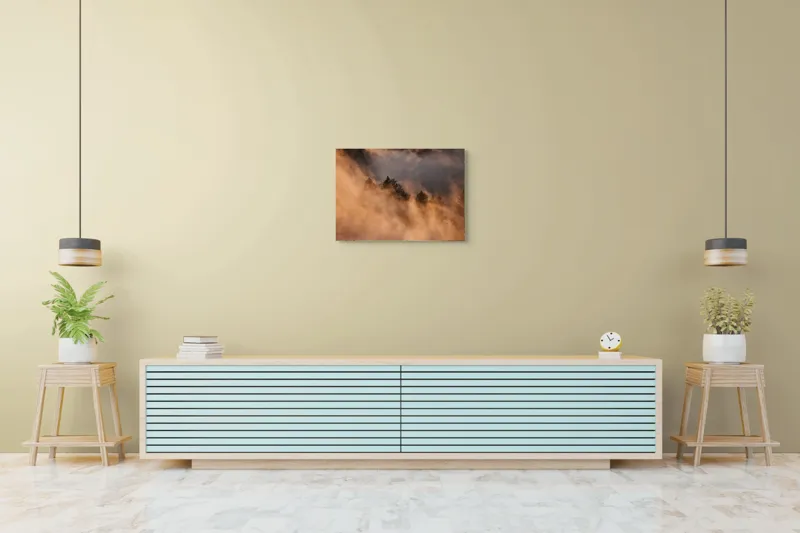 Tablou Canvas, "Misterul pădurii încremenite în ceață", Nor, Aur, Pădure, Mister, Lumină, Umbre, Vârfuri, Ceață, Apus, Natură, 70 x 50 cm – poza 7
