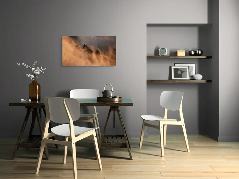 Tablou Canvas, "Misterul pădurii încremenite în ceață", Nor, Aur, Pădure, Mister, Lumină, Umbre, Vârfuri, Ceață, Apus, Natură, 90 x 50 cm – poza 3